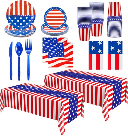 162 Pcs American Flag Patriotic Party Supplies Red White and Blue Disposable Plastic Tablecloths Knife Fork Spoon Paper Plates Cups Napkins for Veterans Day Decorations(Simple)